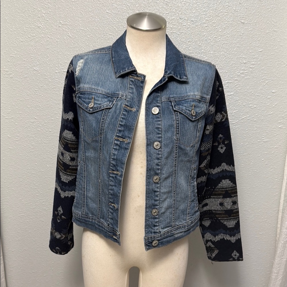 Vintage America Blues Women's Small Denim Jacket Southwestern Aztec Knit Sleeves
